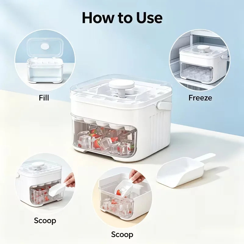 2-Layer Ice Cube Tray with Lid, Large Capacity & Space-Saving, Perfect for Small Freezers. Easy Make & Store.