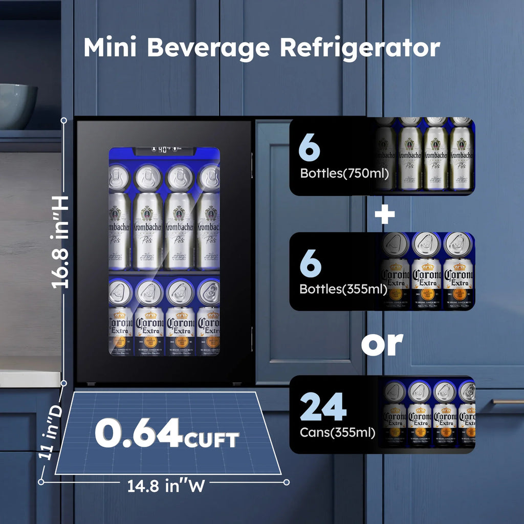 EKOJUCE Beverage Refrigerator, Compact Glass-Front Drink Cooler with Blue LED Interior Lighting and Adjustable Shelving, Countertop Mini Fridge for Beer, Wine, Soda and Other Beverages, Perfect for Home, Office, Dorm Room & B