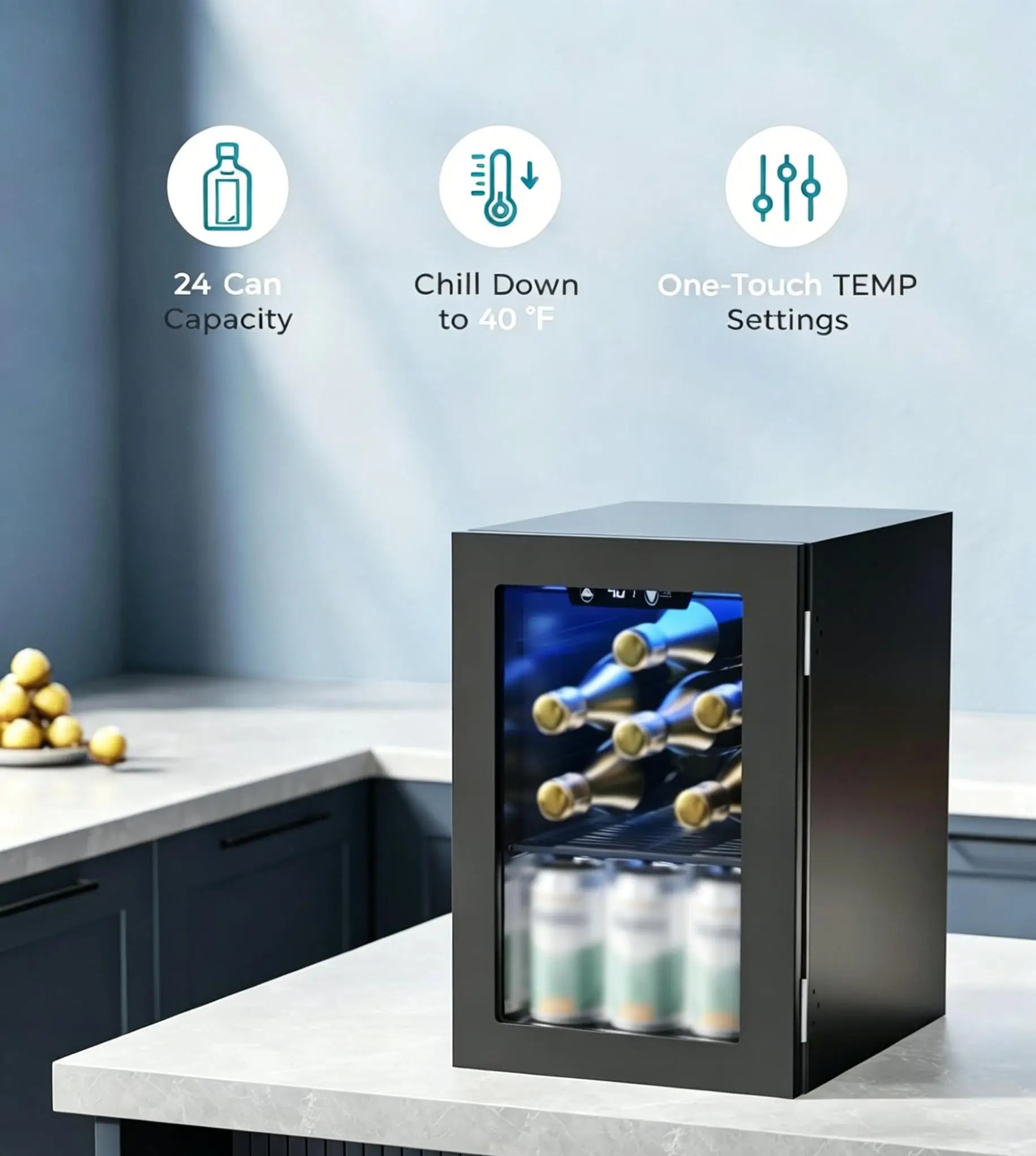 EKOJUCE  Mini Fridge with Glass Door | Countertop Beverage Cooler for Beer, Drinks, Wines with Adjustable Shelves and Blue LED Light for Home, Office, Dorm, Bar