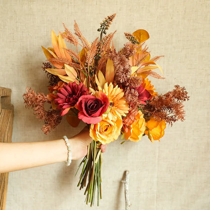 Artificial Fall Bouquet with Roses, Maple Leaves and Dandelions