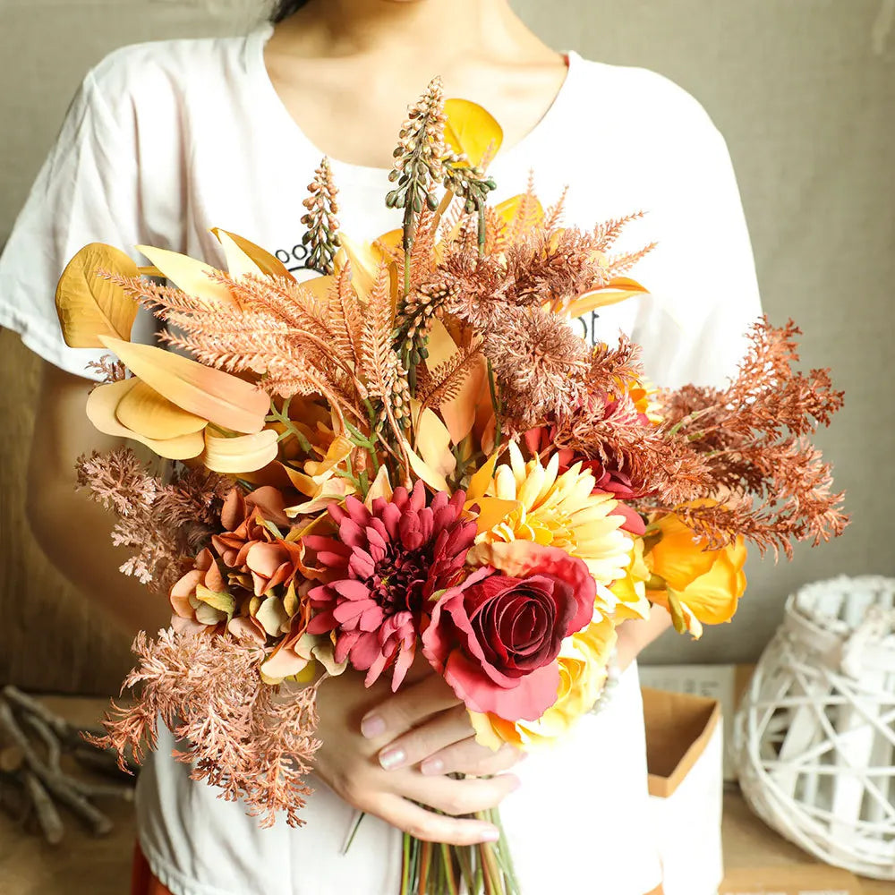 Artificial Fall Bouquet with Roses, Maple Leaves and Dandelions