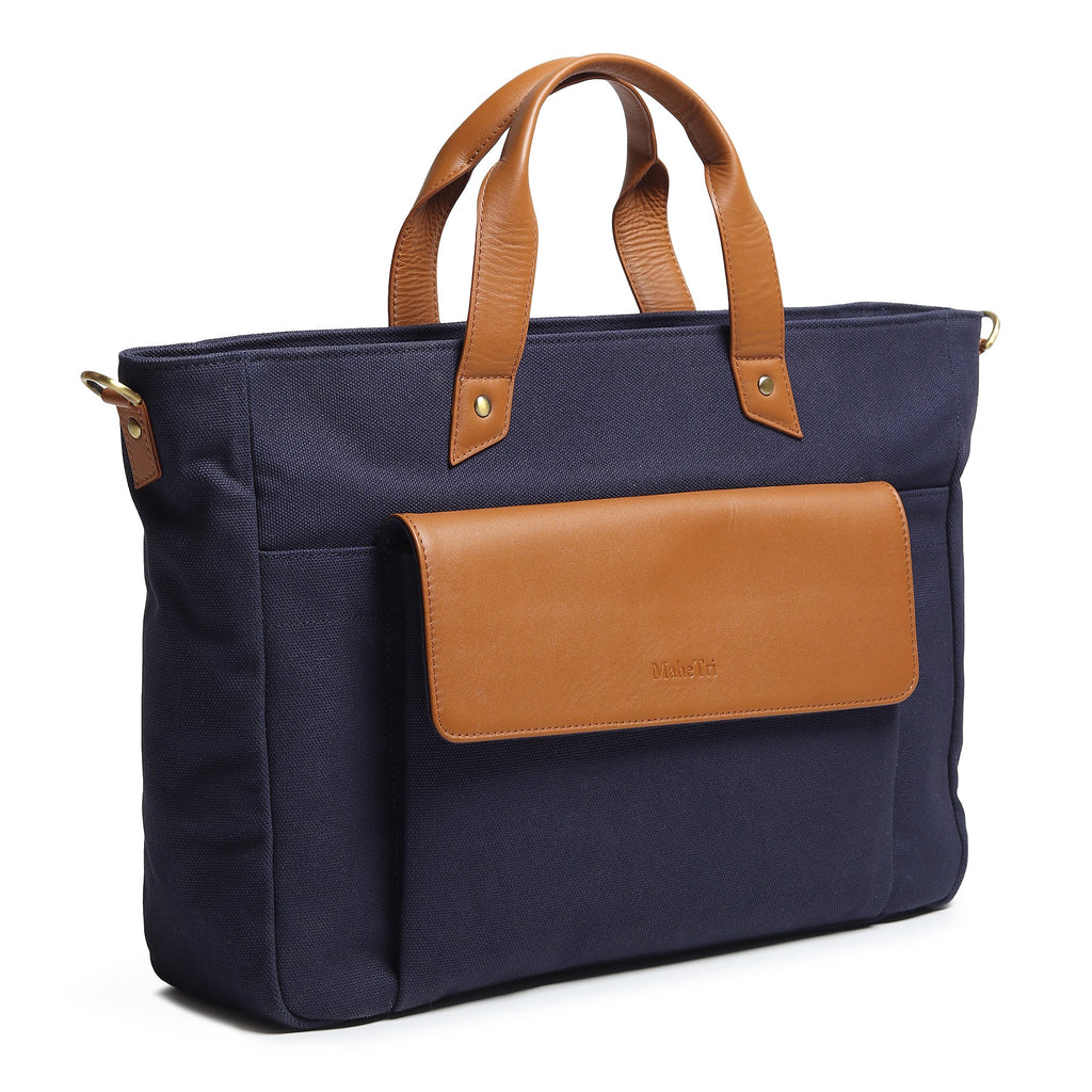 Voyager Canvas Leather Briefcase, Dark Blue