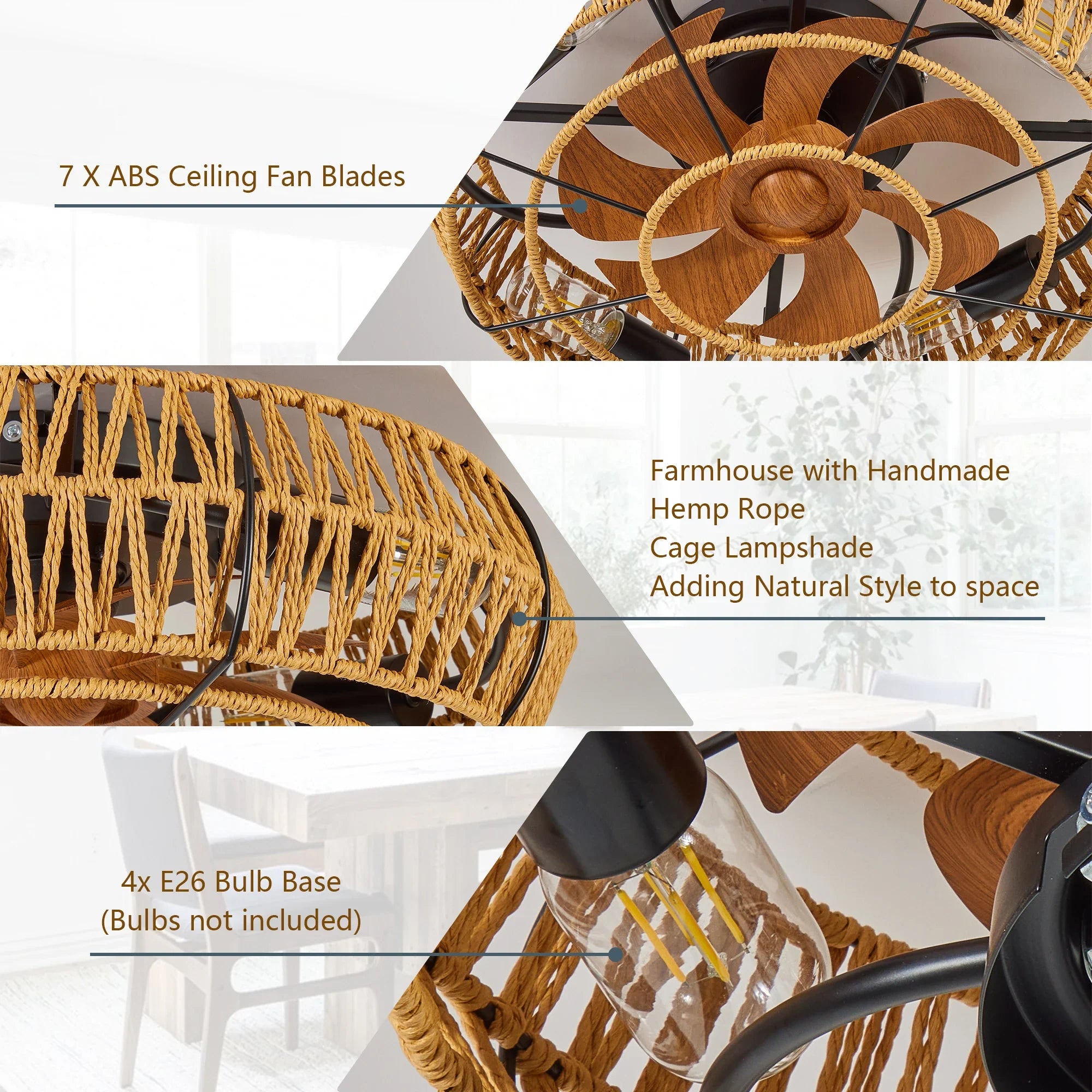 19" Caged Ceiling Fans with Lights and Remote, Boho Flush Mount Ceiling Fan with Light, Low Profile Chandelier 6 Speed Bladeless