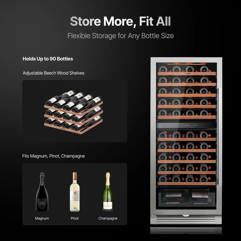 90 Bottles Dual Zone Wine Cooler Fridge 275L Built-in Wine Refrigerator Dual NTC Sensor Electronic Temperature Control 5-18℃ ETL Energy Star Certified 41dB Low Noise Wine Cabinet for Home Bar Kitchen