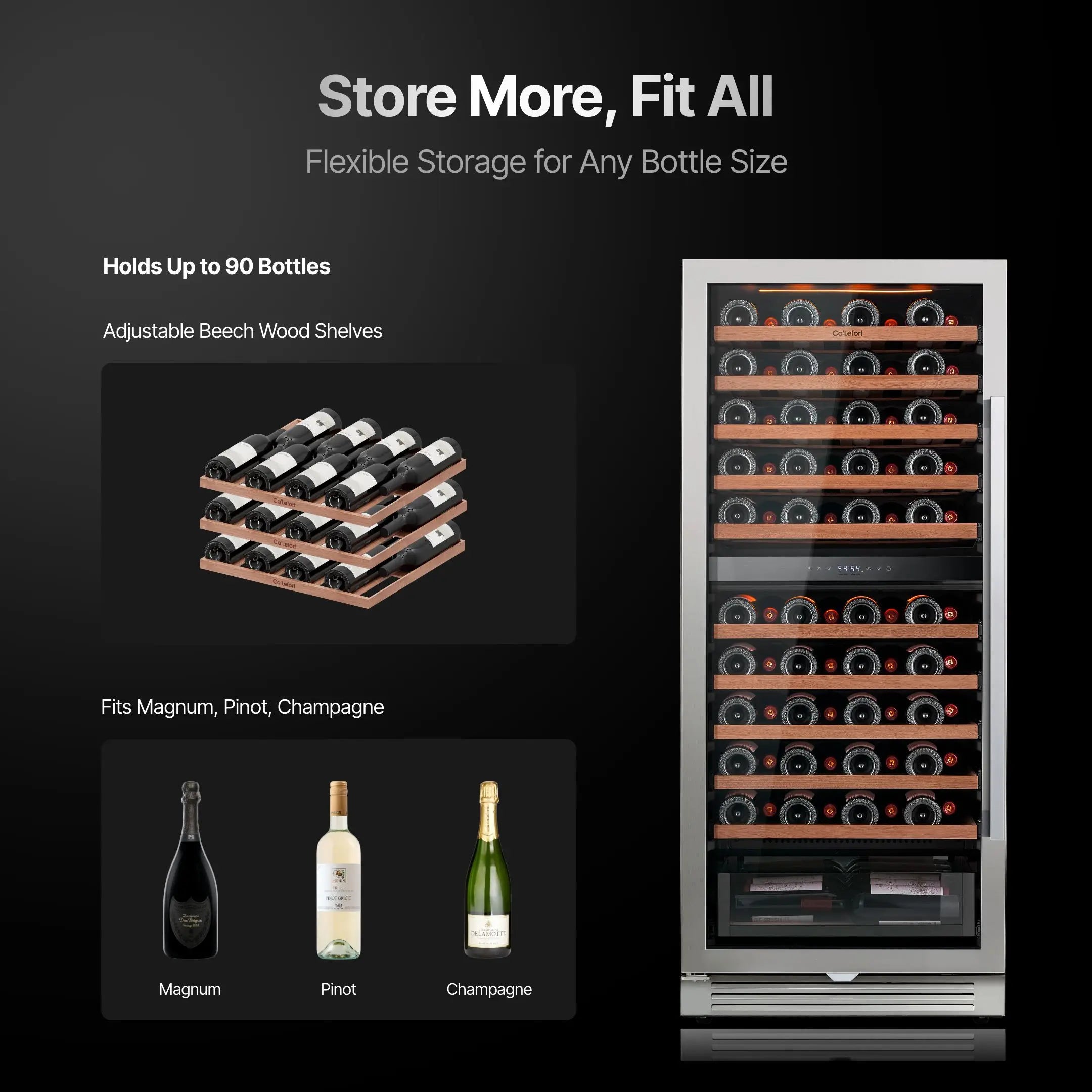 90 Bottles Dual Zone Wine Cooler Fridge 275L Built-in Wine Refrigerator Dual NTC Sensor Electronic Temperature Control 5-18℃ ETL Energy Star Certified 41dB Low Noise Wine Cabinet for Home Bar Kitchen