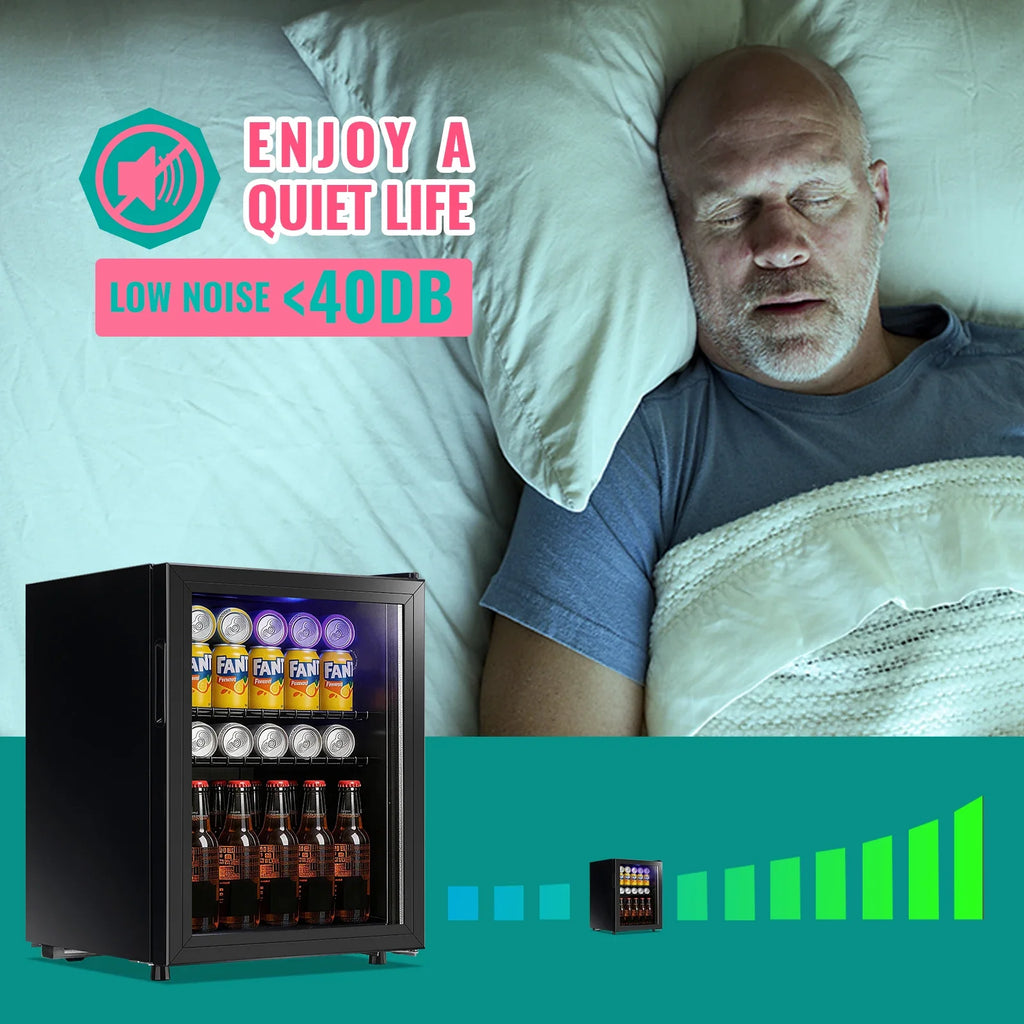2.6 Cu.Ft Beverage Refrigerator Cooler, 100 Can Mini Fridge, Black | 32°F to 50°F, Compressor Cooling, Glass Door, 40 dB, Adjustable Temperature Control, 2 Shelves, Energy Efficient
