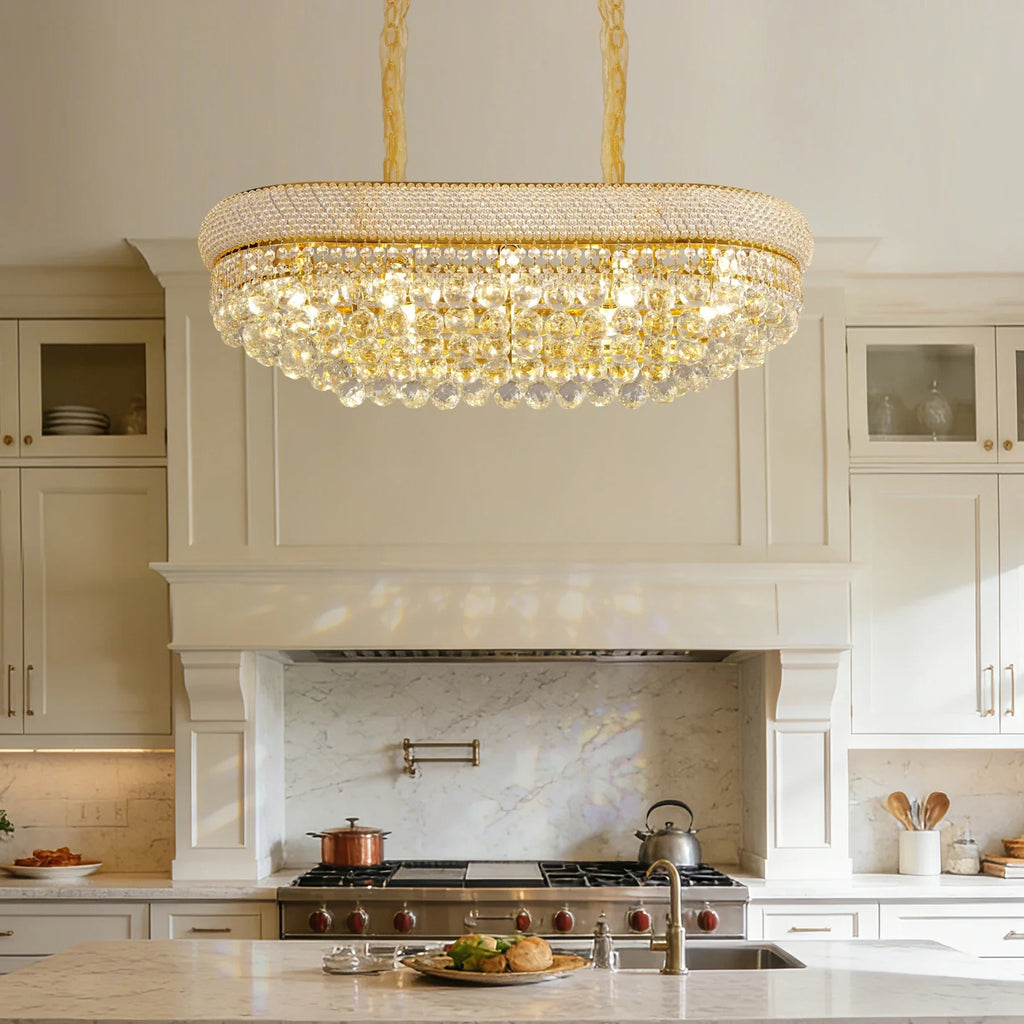 Luxury Ceiling Light: Empire Gold Ceiling Light Fixtures 10 Lights Rectangular Crystals Chandelier Over Long Dining Table, for Kitchen Islands, 3 Colors Temperature