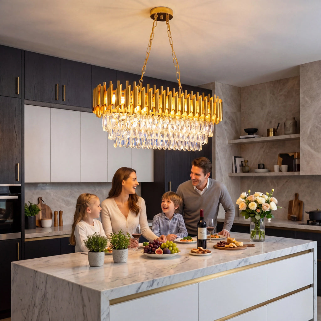 Modern Gold Rectangular Crystal Chandelier, Adjustable Chain Hanging K9 Crystal Ceiling Light Fixture-dining room/kitchen island