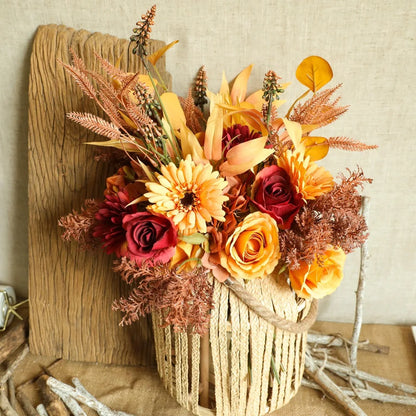 Artificial Fall Bouquet with Roses, Maple Leaves and Dandelions