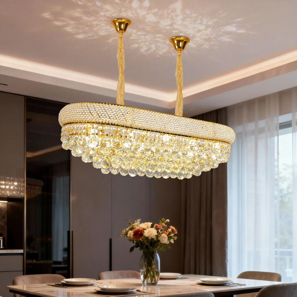 Luxury Ceiling Light: Empire Gold Ceiling Light Fixtures 10 Lights Rectangular Crystals Chandelier Over Long Dining Table, for Kitchen Islands, 3 Colors Temperature