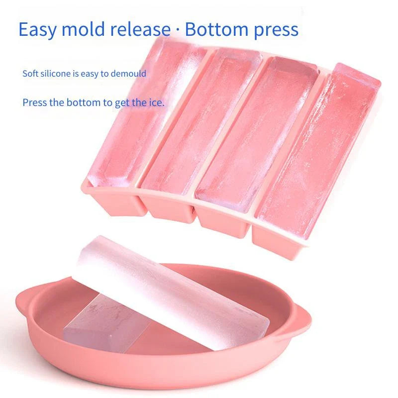 4 Grid Big Ice Tray Long Strip Square Whiskey Ice Cubes Silicone Mold With Lid Non-toxic Durable Pub Wine Ice Blocks Maker Model