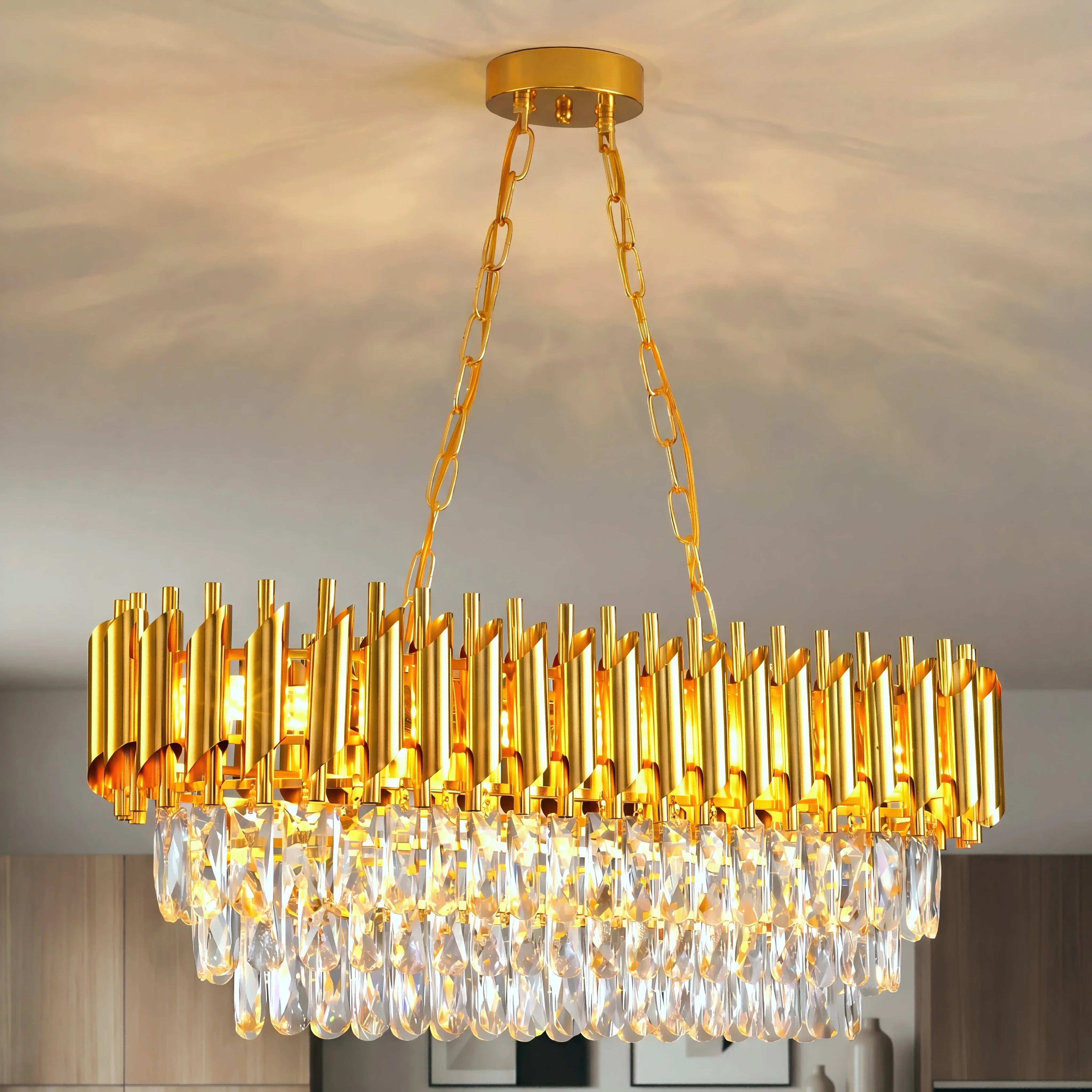 Modern Gold Rectangular Crystal Chandelier, Adjustable Chain Hanging K9 Crystal Ceiling Light Fixture-dining room/kitchen island