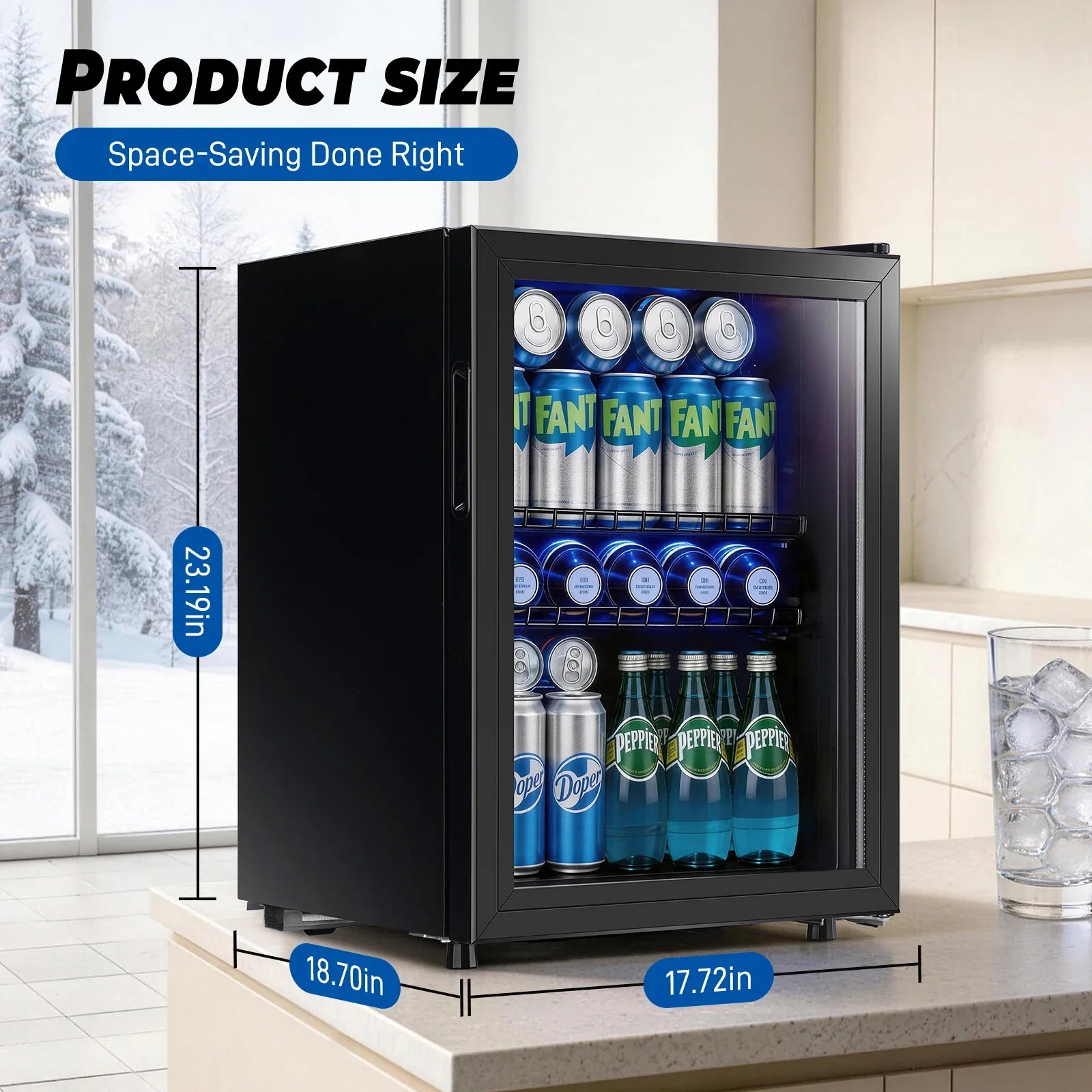 2.6 Cu.Ft Beverage Refrigerator Cooler, 100 Can Mini Fridge, Black | 32°F to 50°F, Compressor Cooling, Glass Door, 40 dB, Adjustable Temperature Control, 2 Shelves, Energy Efficient