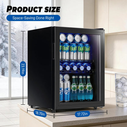 2.6 Cu.Ft Beverage Refrigerator Cooler, 100 Can Mini Fridge, Black | 32°F to 50°F, Compressor Cooling, Glass Door, 40 dB, Adjustable Temperature Control, 2 Shelves, Energy Efficient