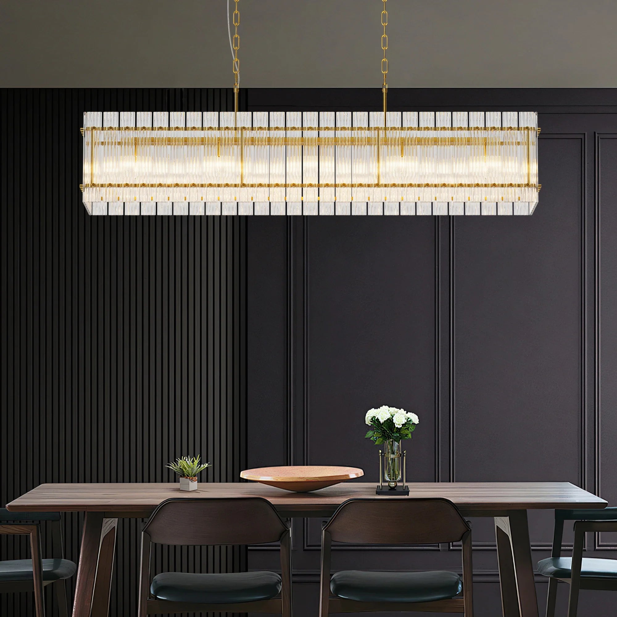 Modern Rectangular Crystal Glass Chandelier, 10-Lights Glod Chandelier Lighting Contemporary Pendant Ceiling Light Fixture