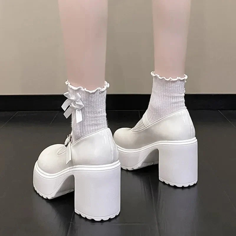 Black Super High Heels Mary Jane Shoes Women 2026 Goth Chunky Platform Pumps Woman Plus Size Ankle Buckle Party Lolita Shoes 42