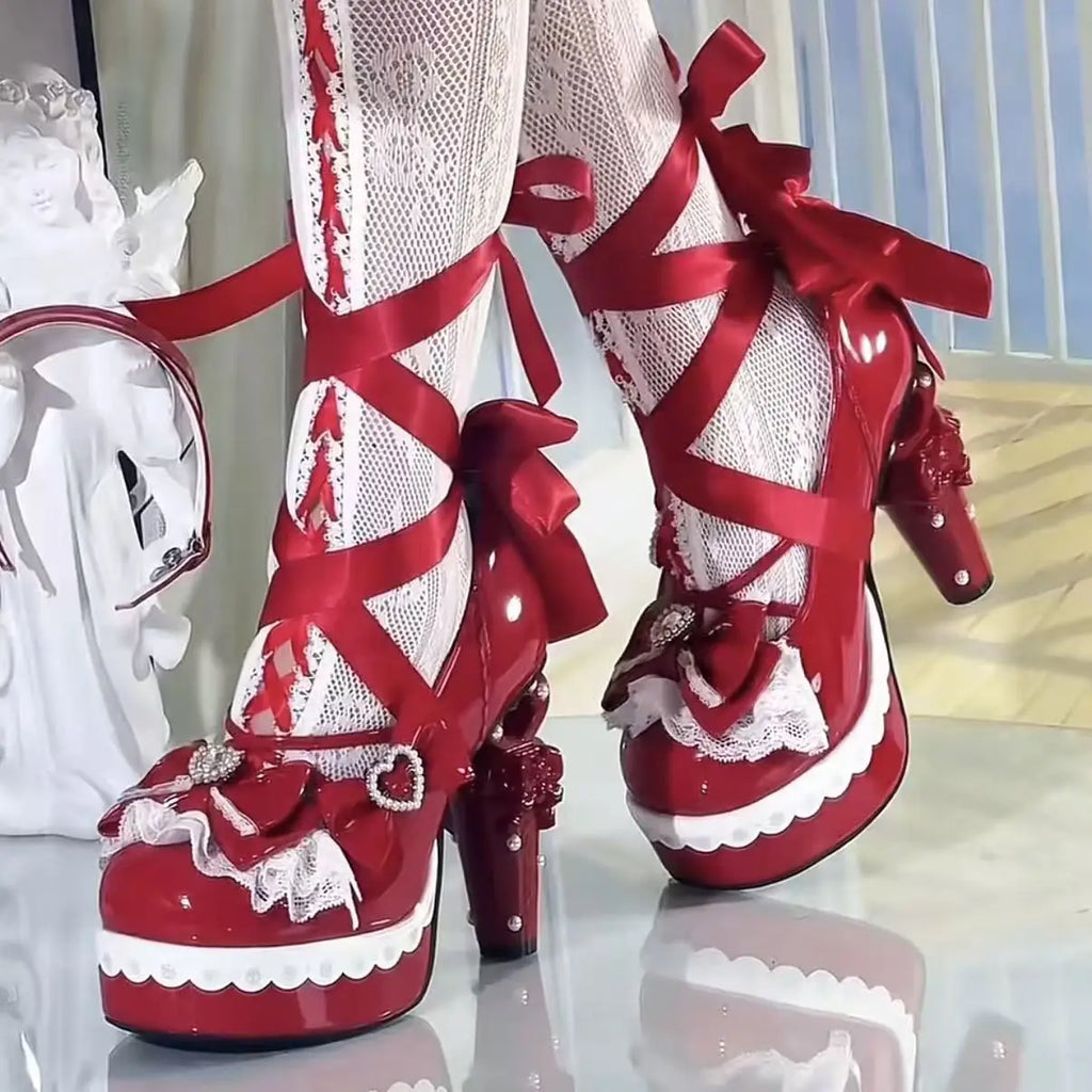 Original Sweet Lolita High Heels Big Size 42 Japanese Style Cosplay Women Leather Shoe Red Rhinestone Street Y2k Shoes Girl Cute
