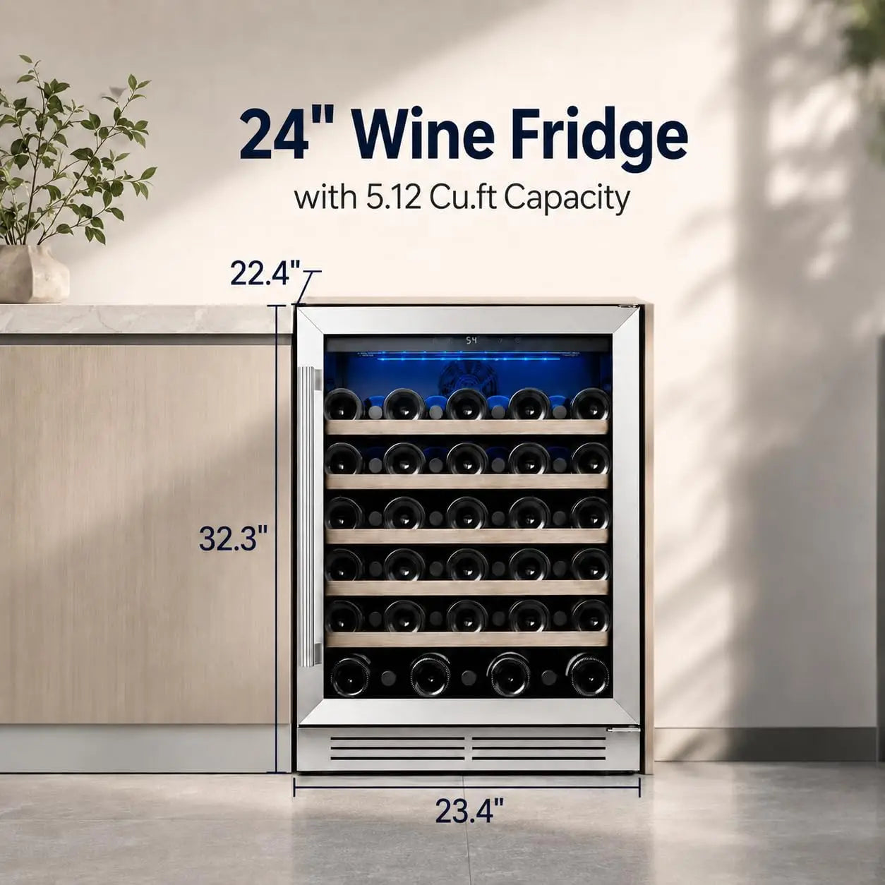 28-Bottle 24-Inch, 52-Bottle 24-Inch Wine Fridge Built-In Single-Zone Cooler | 41-64°F Digital Control, Compressor Cooling, Double-Pane Glass Door, LED Lighting, Lockable Door, Built-In or Freestanding