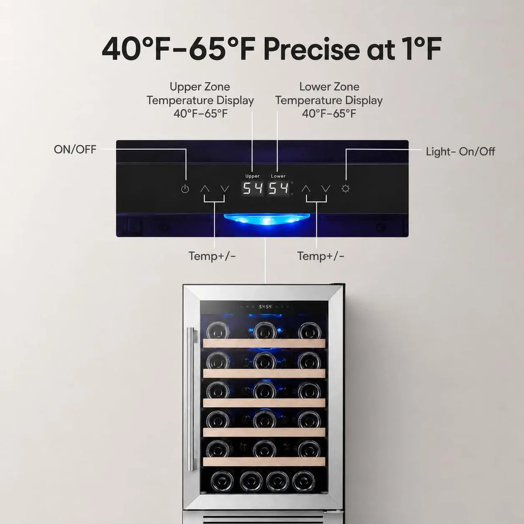 28-Bottle 24-Inch, 52-Bottle 24-Inch Wine Fridge Built-In Single-Zone Cooler | 41-64°F Digital Control, Compressor Cooling, Double-Pane Glass Door, LED Lighting, Lockable Door, Built-In or Freestanding