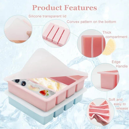 4 Grid Big Ice Tray Long Strip Square Whiskey Ice Cubes Silicone Mold With Lid Non-toxic Durable Pub Wine Ice Blocks Maker Model