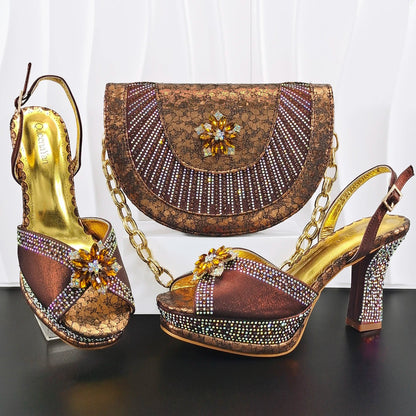 Italian Design Bigger Size Shoes and Bags Set Wedding for Women Bride Ladies High Heel HAND CRAFTED UPPER Shoes with Rhinestone