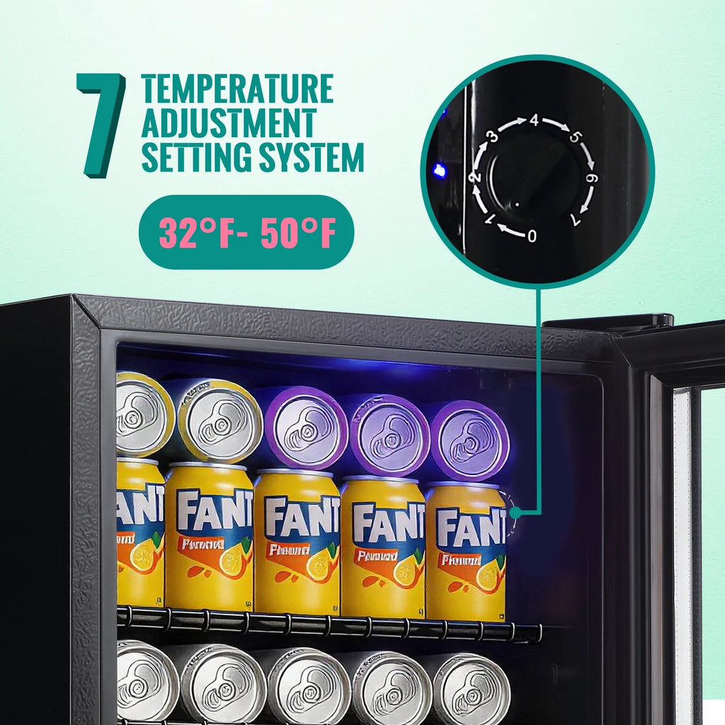 2.6 Cu.Ft Beverage Refrigerator Cooler, 100 Can Mini Fridge, Black | 32°F to 50°F, Compressor Cooling, Glass Door, 40 dB, Adjustable Temperature Control, 2 Shelves, Energy Efficient