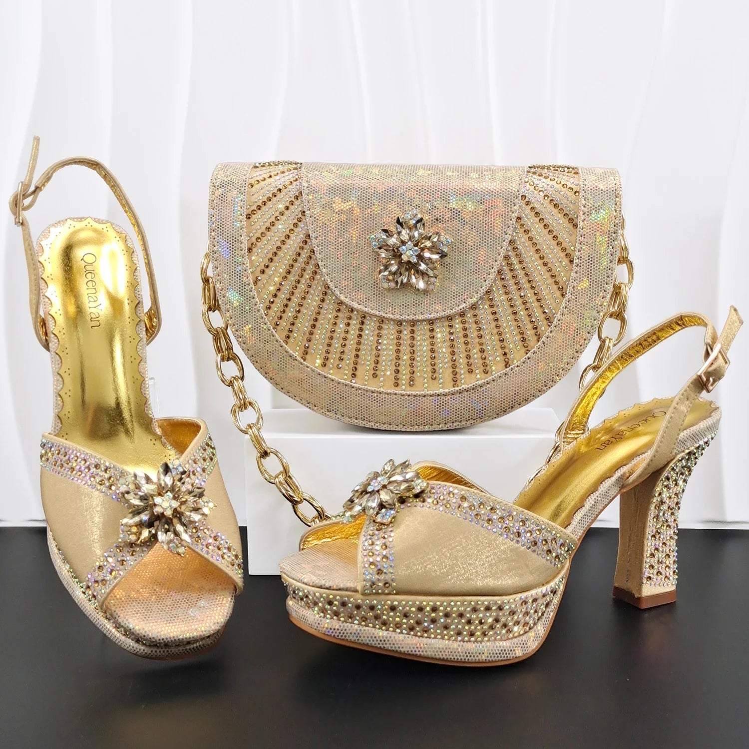 Italian Design Bigger Size Shoes and Bags Set Wedding for Women Bride Ladies High Heel HAND CRAFTED UPPER Shoes with Rhinestone