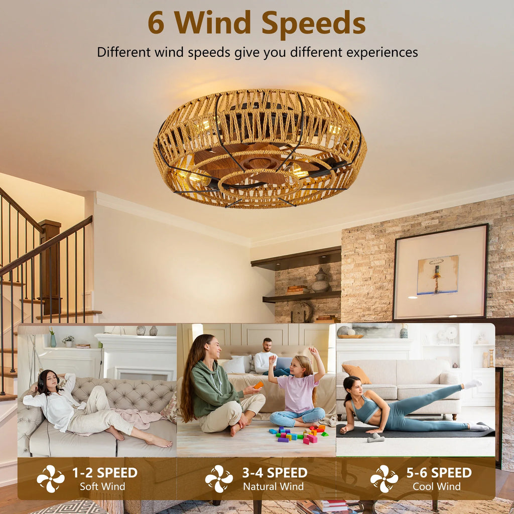 19" Caged Ceiling Fans with Lights and Remote, Boho Flush Mount Ceiling Fan with Light, Low Profile Chandelier 6 Speed Bladeless