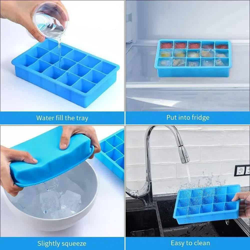 15 Grids Ice Cube Trays 100% Food Grade Silicone Ice Molds Easy Release Flexible Ice Cubes Mould with Lid for Whiskey Cocktail