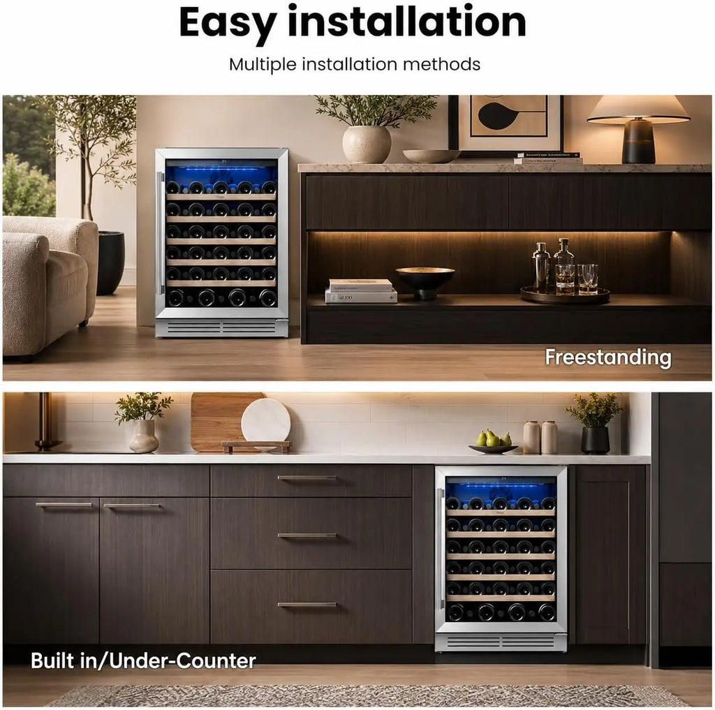 28-Bottle 24-Inch, 52-Bottle 24-Inch Wine Fridge Built-In Single-Zone Cooler | 41-64°F Digital Control, Compressor Cooling, Double-Pane Glass Door, LED Lighting, Lockable Door, Built-In or Freestanding