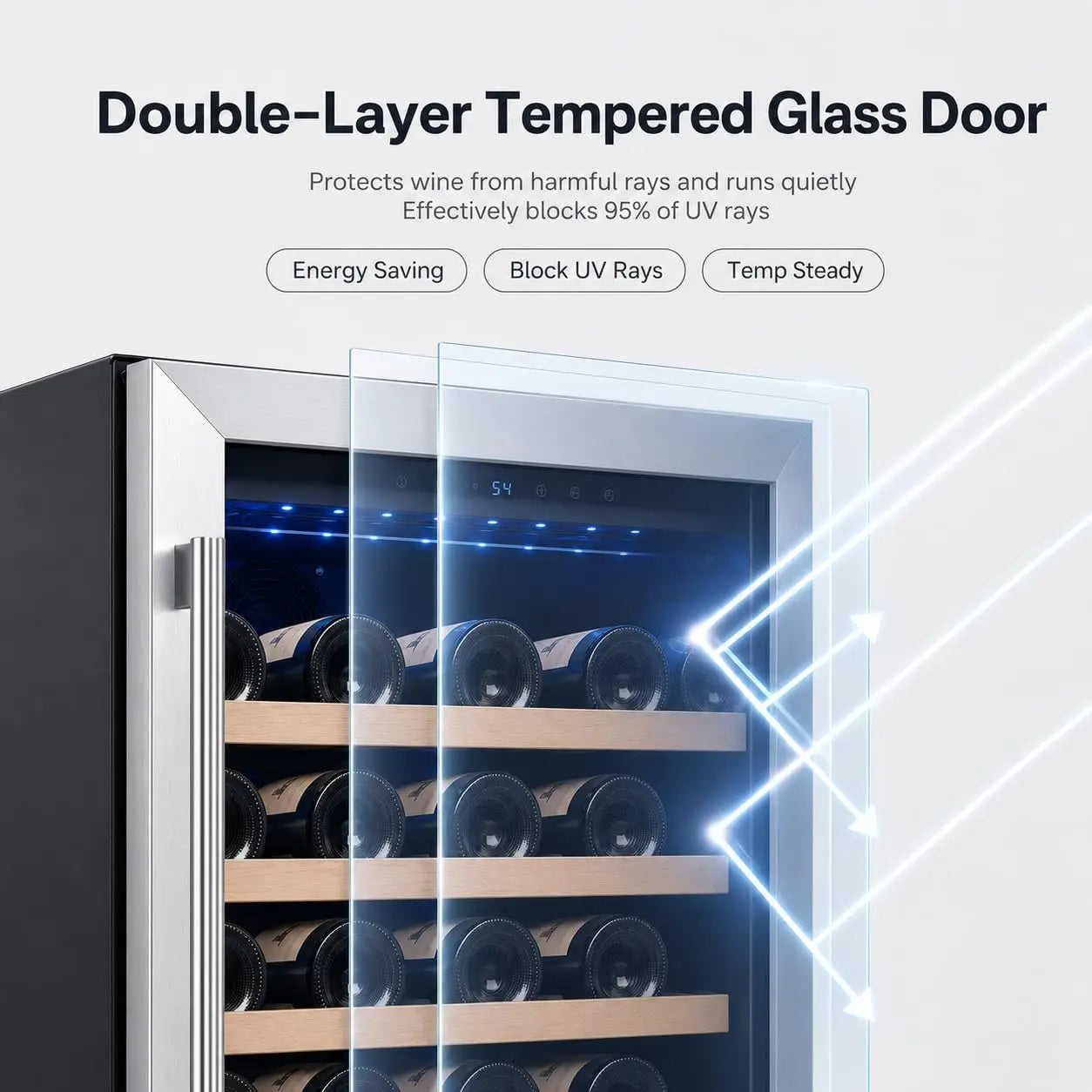 28-Bottle 24-Inch, 52-Bottle 24-Inch Wine Fridge Built-In Single-Zone Cooler | 41-64°F Digital Control, Compressor Cooling, Double-Pane Glass Door, LED Lighting, Lockable Door, Built-In or Freestanding