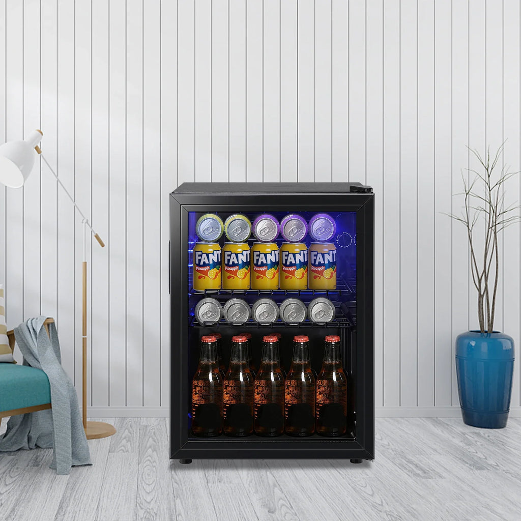 2.6 Cu.Ft Beverage Refrigerator Cooler, 100 Can Mini Fridge, Black | 32°F to 50°F, Compressor Cooling, Glass Door, 40 dB, Adjustable Temperature Control, 2 Shelves, Energy Efficient